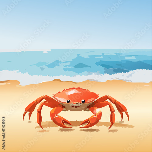 3D Krabbe, auf Sandstrand, Meereswellen im Hintergrund, fotorealistisch, warmes Licht