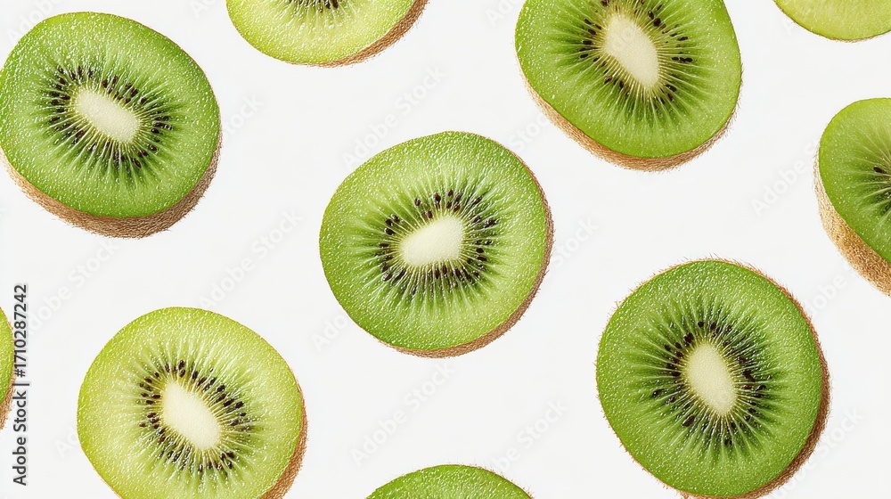 Fototapeta premium Sliced Kiwi Fruit Pattern On White Background. Fresh And Vibrant Kiwi Slices For Healthy Eating Concept