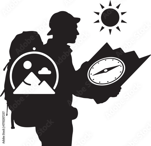 Hiker with Backpack Map and Compass Silhouette vector