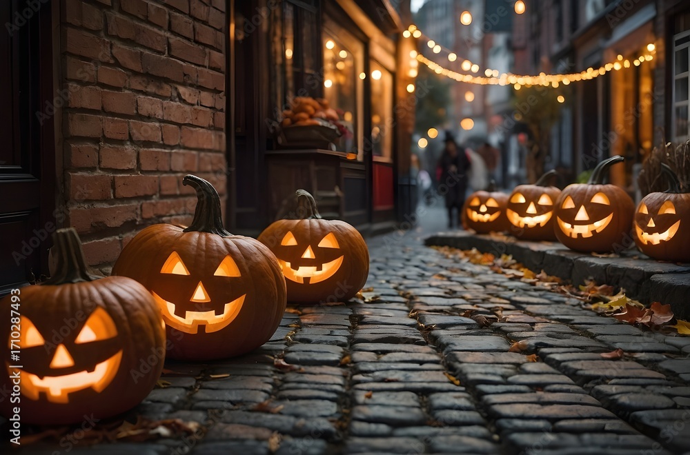 Fototapeta premium Halloween Pumpkin Display on Vintage Urban Street at Golden Hour with Fog, Carved Jack O’Lantern, String Lights and Autumn Market Atmosphere
