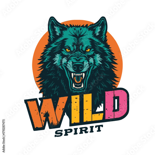 Fierce wolf roaring with vibrant 'WILD SPIRIT' text, embodying untamed nature and primal energy