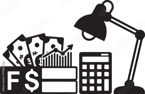 Money Calculator Desk Lamp and Financial Growth Chart