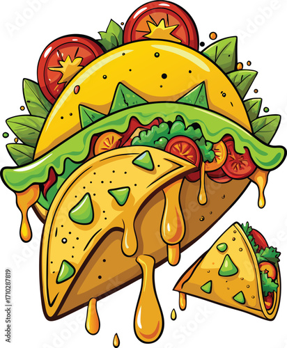 Funny Taco T-Shirt Design – Colorful Mexican Food Illustration, Cute Typography, Fiesta Vibes, Full Artboard Graphic on White Background
