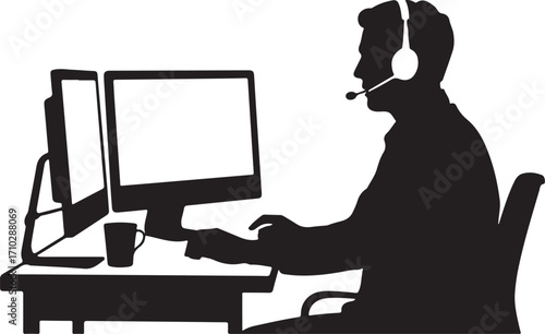 Silhouette of man in chair with headset at dual computer screens
