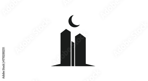 Silhouette of buildings with a crescent moon above a dark night sky.