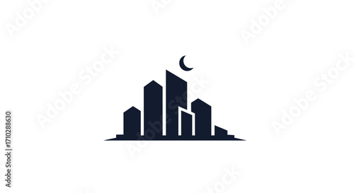 Modern city skyline silhouette with crescent moon at night.