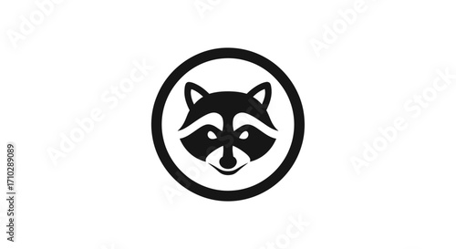 Raccoon face logo, black and white, circle.