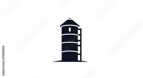 Dark silhouette of a tall agricultural silo structure isolated on white.