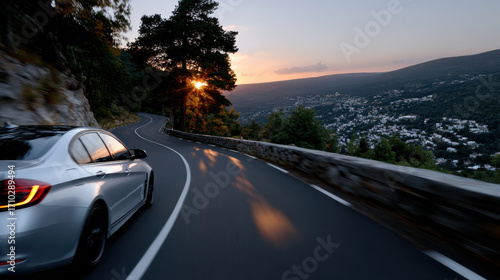 This image captures a tranquil mountain road during sunset, showcasing a sleek silver car winding through picturesque hills with a breathtaking view of the valley below.