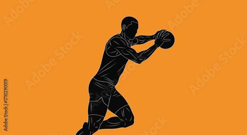 Silhouette of a basketball player in motion, preparing to shoot against an orange background.