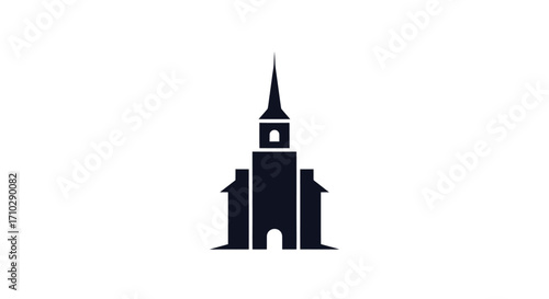 Silhouette of a Church Building, Simple Design, Religious Architecture, Classic Church, Steeple, Front View.