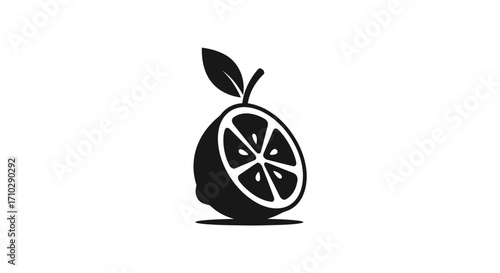 Minimalist Black and White Stylized Lemon Slice Icon with Leaf.