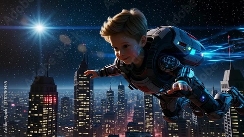 A boy with a jetpack flying over a city at night with skyscrapers and a starry sky above him
