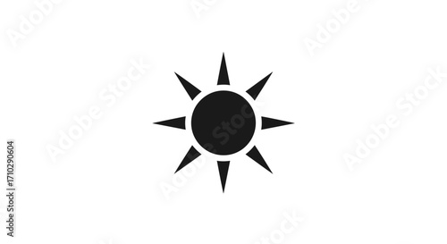 Black sun symbol with sharp rays radiating outwards on white background.