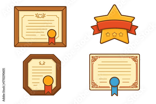 Set of cartoon certificates and awards. Collection of diploma, prize and achievement icons. Star award with ribbon. Vector illustration of success and recognition symbols.