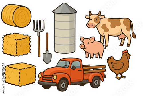 Farm life vector icon set. Agriculture cartoon collection with farm animals, cow, pig, chicken. Includes retro pickup truck, silo, hay bale, pitchfork, shovel. Rural clip art.