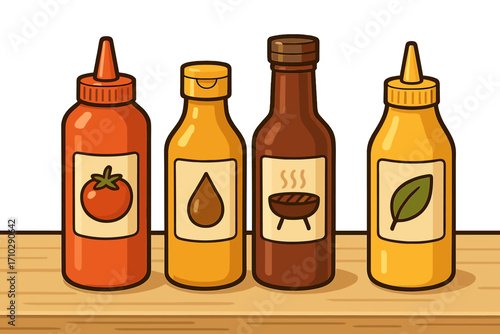 Condiment bottles set, vector cartoon illustration. Ketchup, mustard, barbecue sauce and dressing in plastic containers for food. Flavor collection for meal prep on a shelf.