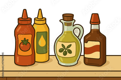 Vector cartoon illustration set of various condiment bottles on a kitchen counter. Ketchup, mustard, olive oil, and soy sauce for meal preparation and adding flavor.