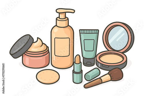 Cosmetic and skincare collection for beauty routine. Vector set of makeup products with lipstick, foundation, powder, cream, and brush. Flat cartoon style illustration.