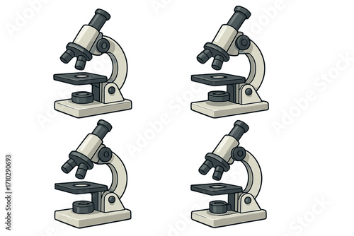 Set of microscope vector illustrations for science and education. Laboratory research equipment for biology, chemistry. Cartoon icon for discovery, analysis, and study concept.