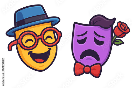 Comedy and tragedy masks vector cartoon. Theatre characters with happy and sad emotions. Bipolar disorder, mood swings metaphor. Split personality psychology concept illustration.