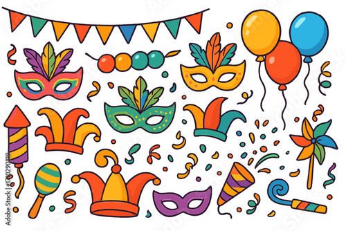 Carnival party element set for celebration. Colorful vector cartoon collection with festive icons like masks, jester hats, balloons, confetti, and firecrackers for Mardi Gras.