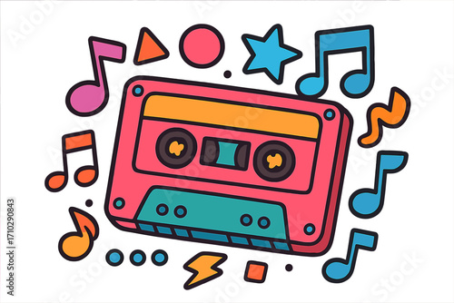 Retro cassette tape with music notes and geometric shapes. 80s 90s style vector illustration. Pop music, audio mixtape, vintage nostalgia concept. Funky party graphic element.