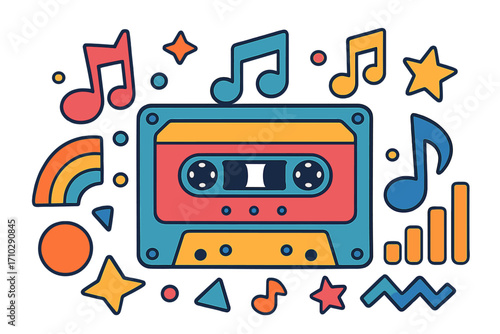 Retro cassette tape vector illustration. Colorful 80s 90s music concept with musical notes, geometric shapes. Vintage audio nostalgia design for party, sticker. Pop art cartoon.