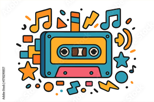 Retro cassette tape pop art music concept. Vintage 80s 90s audio mixtape cartoon illustration. Nostalgic party symbol with musical notes and abstract geometric shapes design.