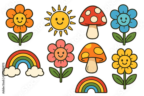 Retro groovy cartoon sticker set with cute 70s hippie characters. Smiley flower, sun, mushroom, and rainbow mascots. Vintage psychedelic vector illustration collection.
