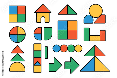 Colorful geometric shapes set. Building blocks for kids. Puzzle constructor game elements. Abstract flat cartoon vector illustration. Infographic asset collection isolated.