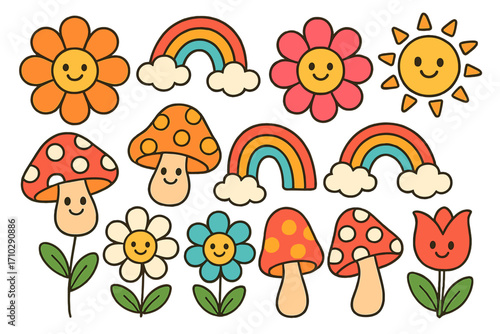 Groovy retro 70s sticker set. Cute cartoon characters with smiling faces. Hippie collection with flower, mushroom, rainbow, sun. Kawaii emoji mascot design for kids. Vector.