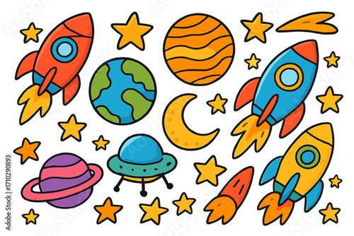 Space doodle icon set. Colorful cartoon rocket, planet, star, UFO, moon elements. Kids galaxy exploration vector clipart. Hand-drawn astronomy illustration collection. Spaceship, Earth isolated.