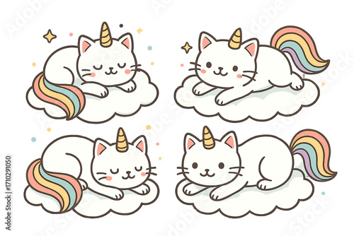 Cute caticorn character set. Kawaii unicorn cat sleeping and resting on a cloud. Magical fantasy pet with rainbow tail. Cartoon animal vector illustration for kids. Sticker pack.