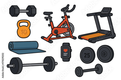 Fitness equipment set. Gym workout vector icons. Dumbbell, barbell, kettlebell, weight, treadmill, exercise bike, yoga mat, smartwatch. Sport, health, cardio, training, bodybuilding.