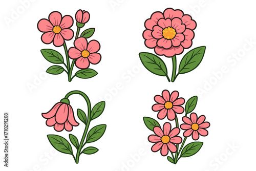 Vector collection of pink flowers. Cute cartoon floral graphic elements set. Botanical illustration with daisy, zinnia, bluebell. Spring summer blossom, petal, leaf design.