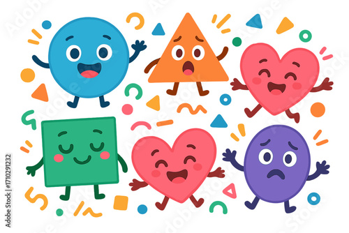 Colorful geometric shapes with faces expressing emotions. Set of cute cartoon characters: happy, sad, scared. Basic figures for kids learning. Vector mascot emotions.