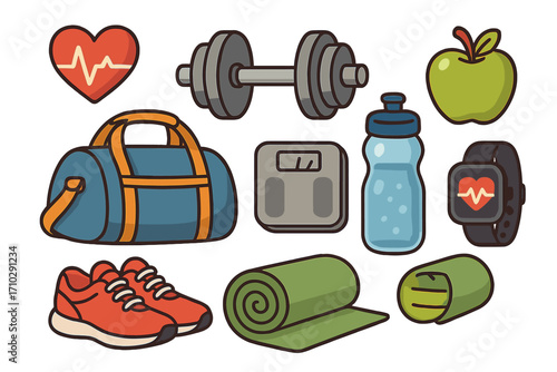 Healthy lifestyle and fitness exercise icon set. Gym workout equipment collection with dumbbell, sport bag, shoes, water bottle, scale, yoga mat, apple, and smartwatch vector.