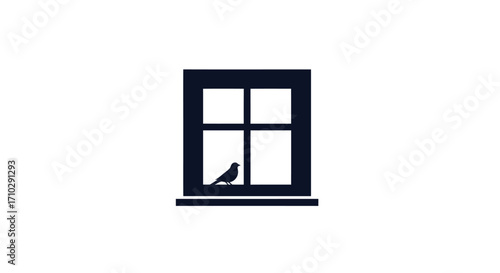 Bird perched on window sill inside a dark square frame.