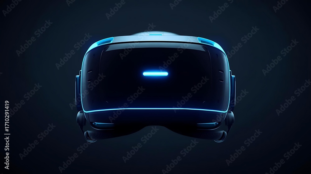 Obraz premium A futuristic virtual reality headset with glowing blue lights, presented against a dark, minimalist background.