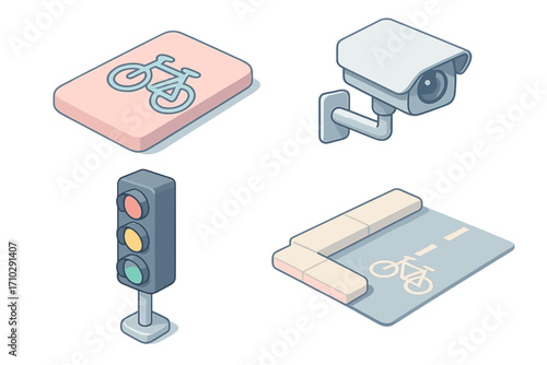 Isometric urban elements icon set in pastel tones. Vector cartoon illustration of city transport and safety objects: bike lane sign, cctv security camera, traffic light.