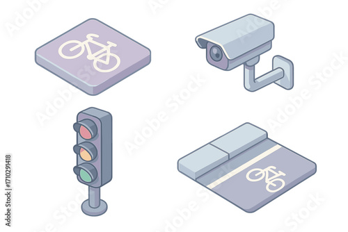 Isometric urban elements set. Bike lane marker, security camera, traffic light icons. Vector cartoon illustration for city street, safety, and transportation concepts.