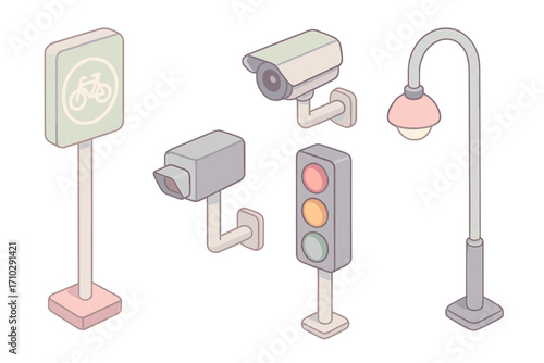 Isometric urban elements set in pastel colors. Vector illustration collection of city icons: bike lane sign, security camera, CCTV, traffic light, street lamp. Urban design.