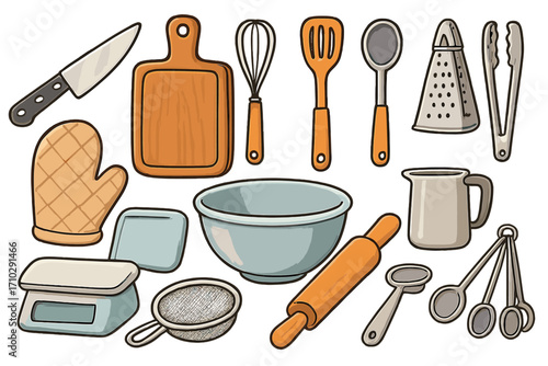 Kitchen utensils and baking tools icon set. Vector cartoon illustration of cooking equipment like rolling pin, whisk, bowl, scale and knife. Culinary graphic elements collection.