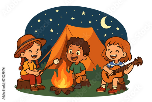 Happy multiracial kids camping. Friends roasting marshmallows and playing guitar by campfire. Summer camp adventure with tent under a starry night sky. Vector cartoon fun.