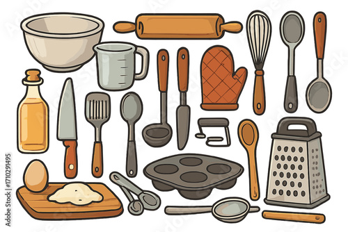 Kitchen utensils and baking tools set. Vector cartoon illustration for cooking preparation. Cookware, kitchenware, dough, egg, rolling pin, whisk, grater, oven mitt icons.