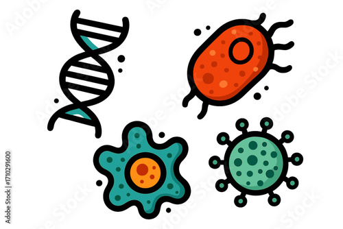 Microbiology science vector icon set. Biology concept collection with colorful cartoon DNA, virus, bacteria, cell, amoeba. For genetic research, medicine, pathogen, infection, pandemic.