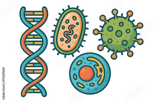 Microbiology icon set with DNA helix, virus, bacteria, and human cell. Vector cartoon for science education. Genetic research, virology and biology concepts isolated.