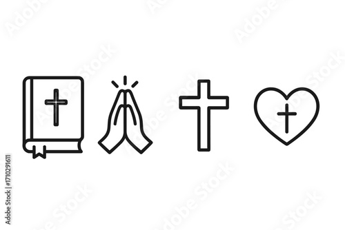 Christian symbols line icon set. Bible, prayer hands, cross, and heart. Minimalist vector illustration for faith, religion, spirituality. God's love and worship concept.