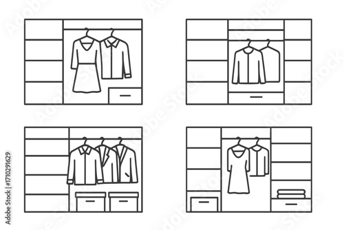 Wardrobe organization vector icon set. Minimalist linear closet storage solutions. Home furniture interior design. Tidy clothes hanging, declutter concept line art.